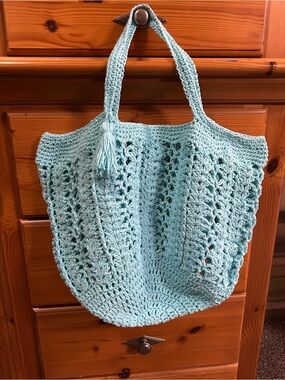 Light Aqua Crochet Tote Bag with Tassel Detail